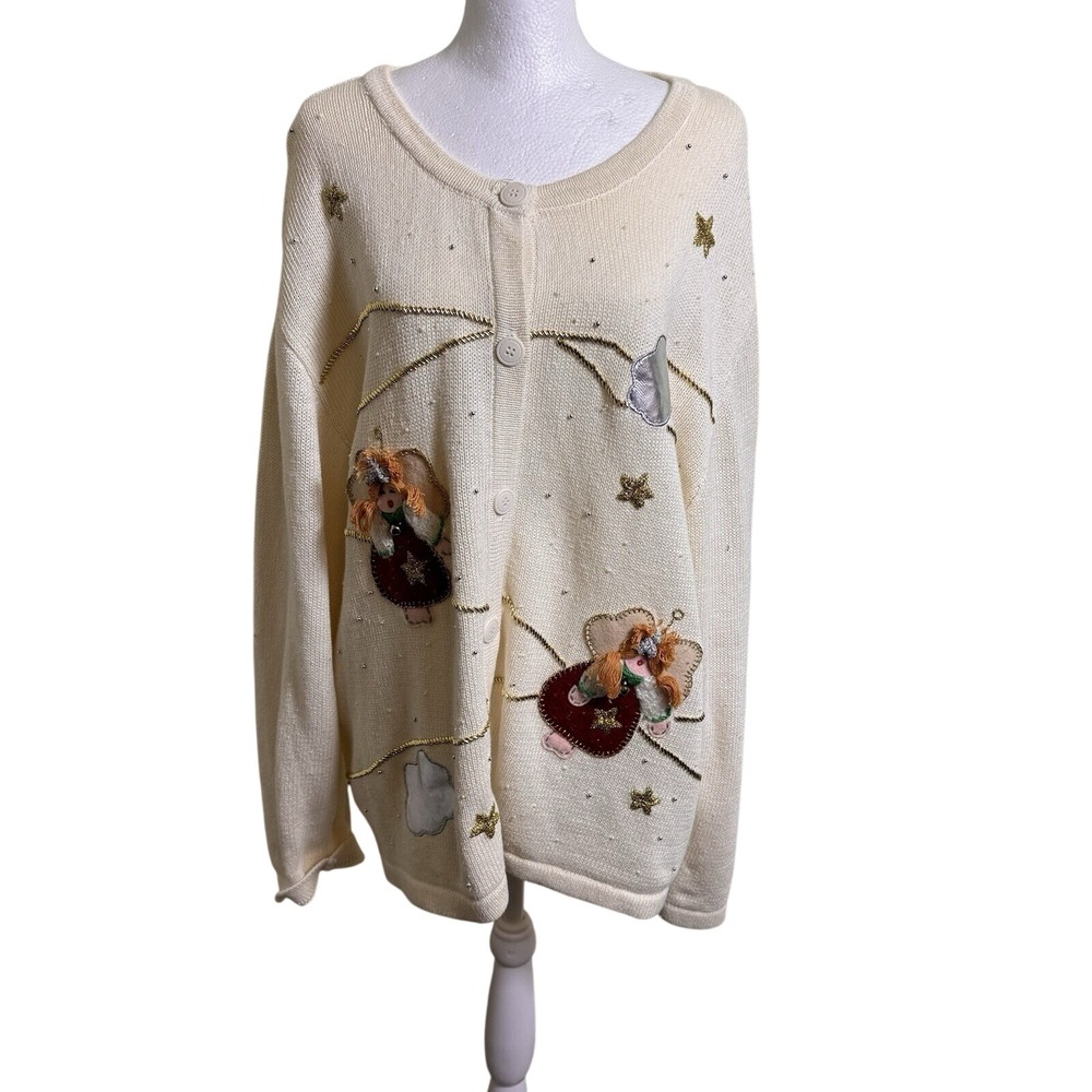 VTG One Resource Woman Angel‎ Cardigan 3X Ivory Cottagecore Grandmacore Star